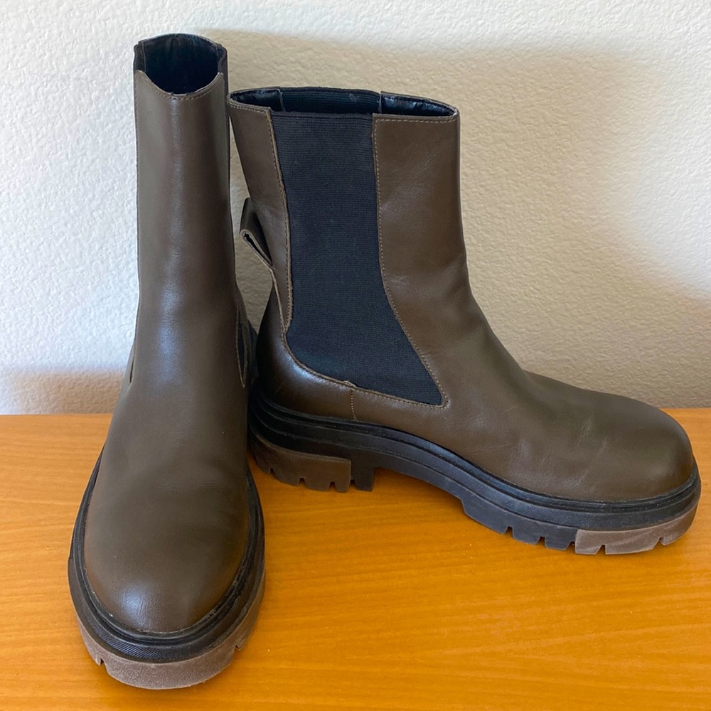 Zara Olive Leather Pull On Lug Sole Ankle Boots 38 (7.5)